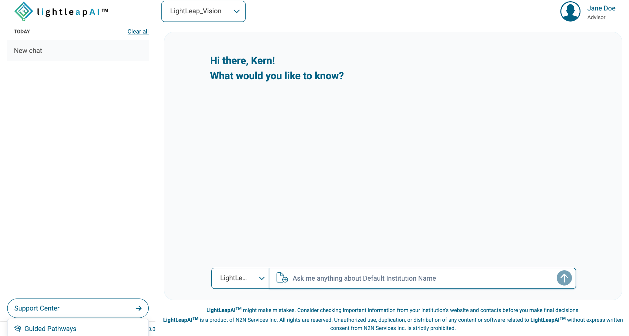 LightLeapAI chat interface showing advisor login with Guided Pathways link in the bottom-left sidebar navigation.