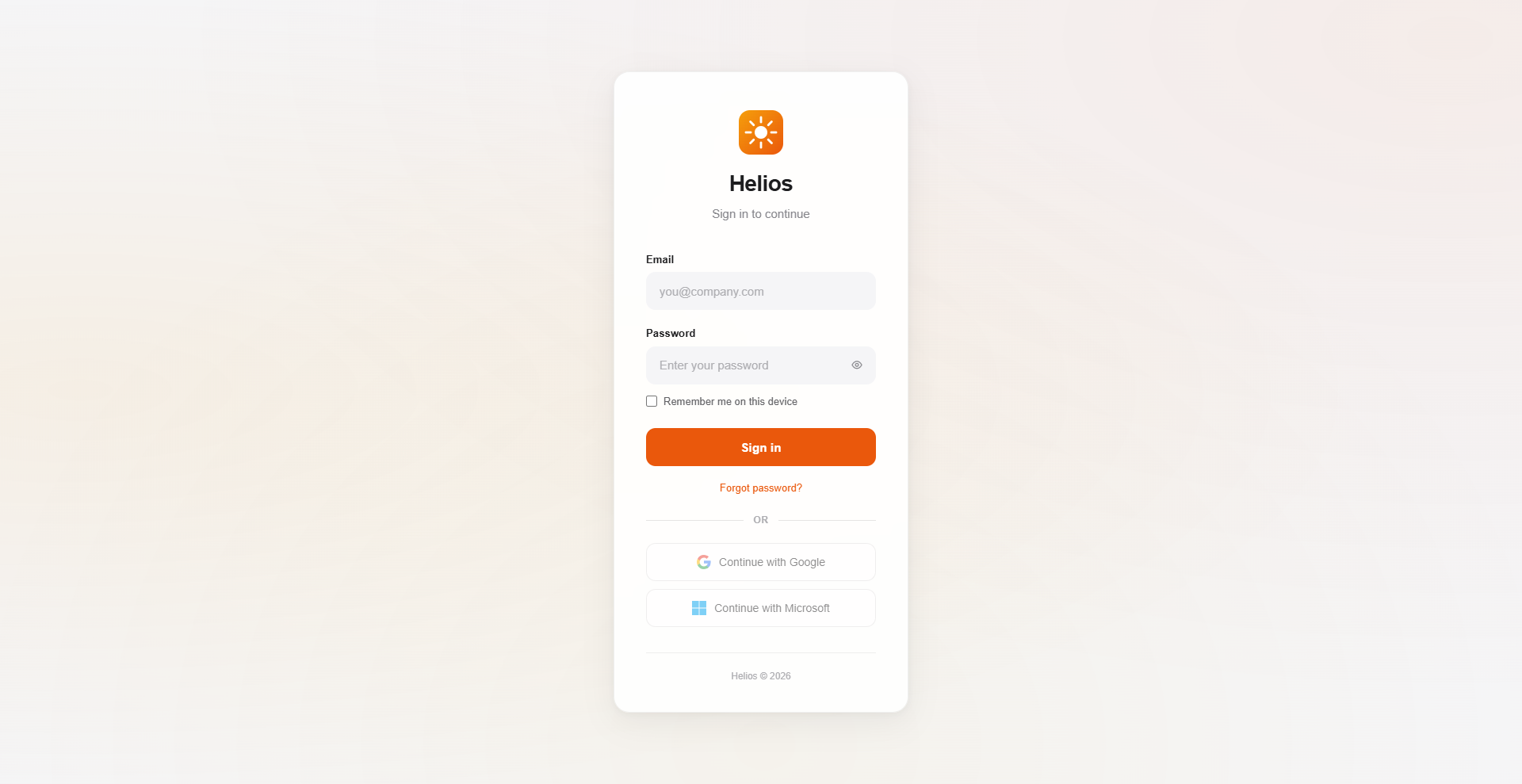 Helios login page with email and password fields, Sign In button, and Google/Microsoft SSO options.