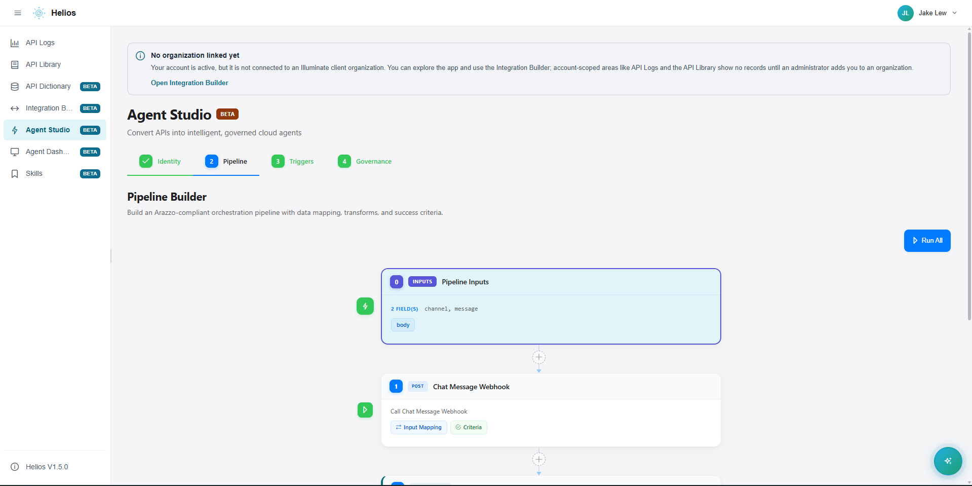Helios Agent Studio Pipeline Builder showing Pipeline Inputs flowing into a Chat Message Webhook step and a Communication Inbound Webhook transform.