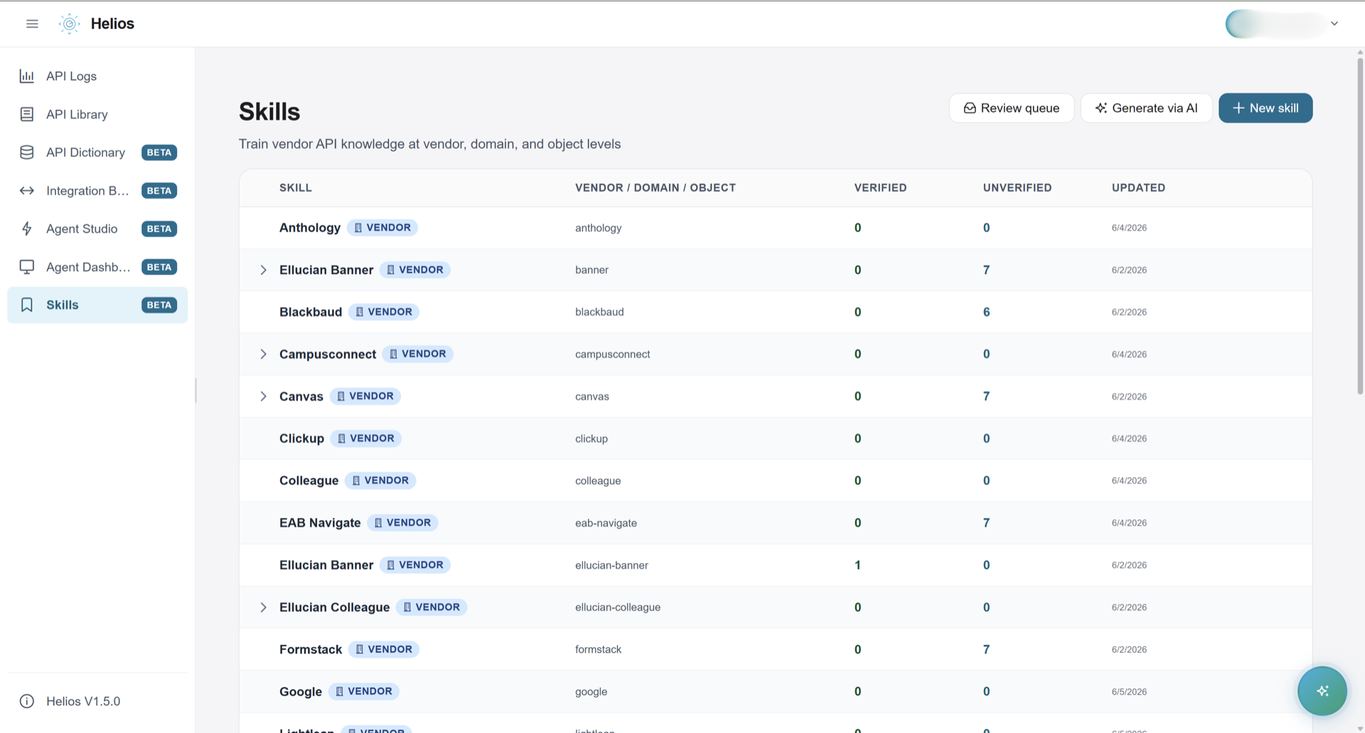 Helios Skills table showing per-vendor verified and unverified skill counts across Anthology, Banner, Canvas, Colleague, EAB Navigate, Ellucian, Formstack, and Google.