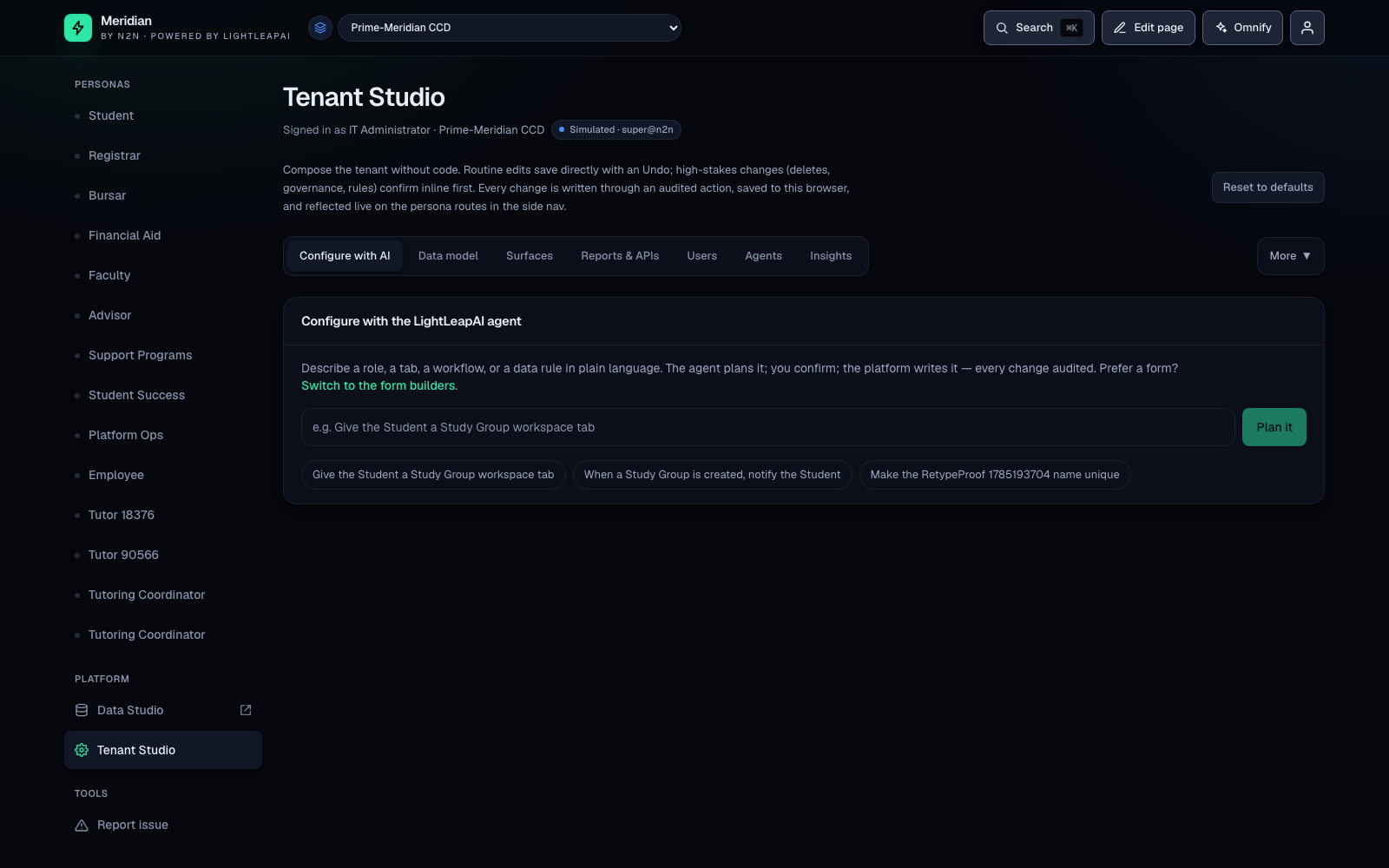 Meridian 'Configure with the LightLeapAI agent' — a plain-language box to create a report or add a role, with the agent planning the change for confirmation.
