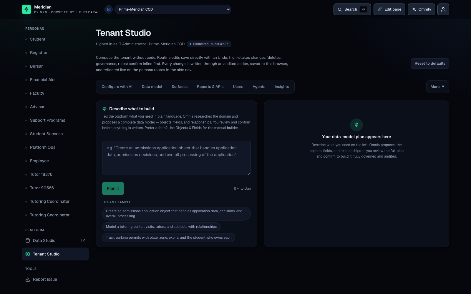 Meridian AI Builder — a plain-language prompt produces a proposed data model with objects, fields, and a confidence score, powered by AWS Bedrock (Claude).