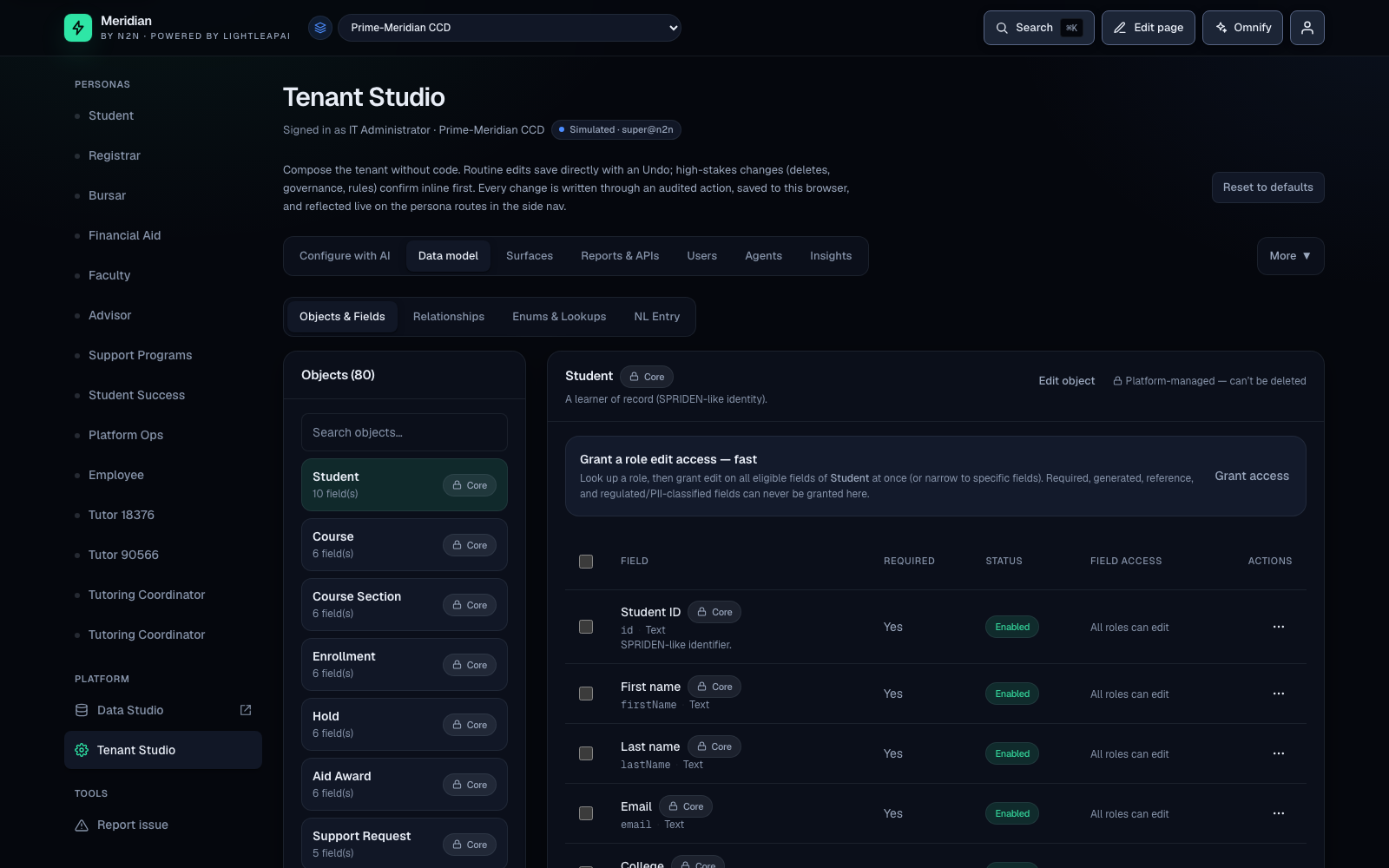Meridian Objects & Fields designer — dozens of objects with typed fields, custom/core origin, required flags, and per-role field access.