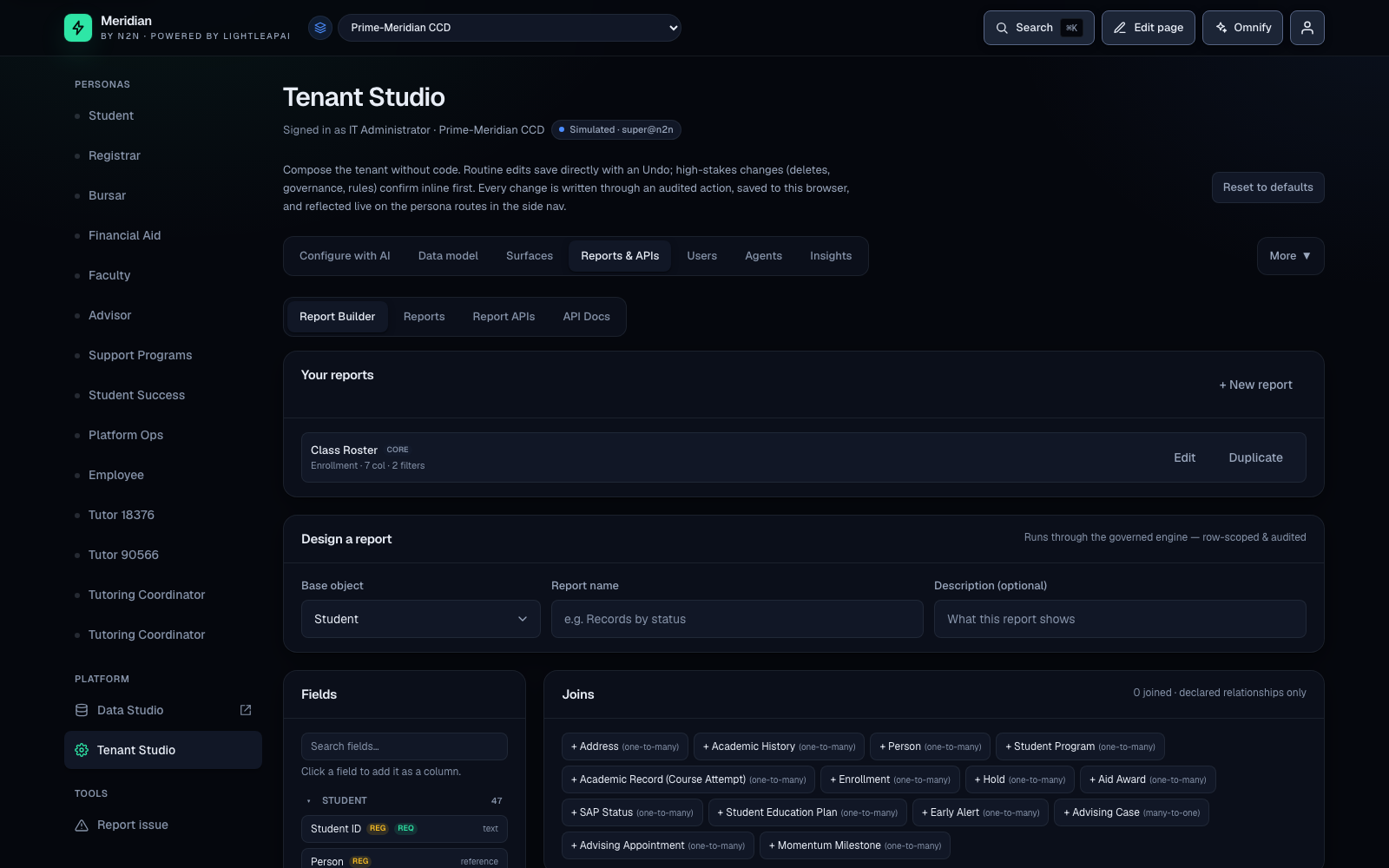 Meridian Report Builder — palette, joins, filters, and preview over the same governed records API the runtime uses.