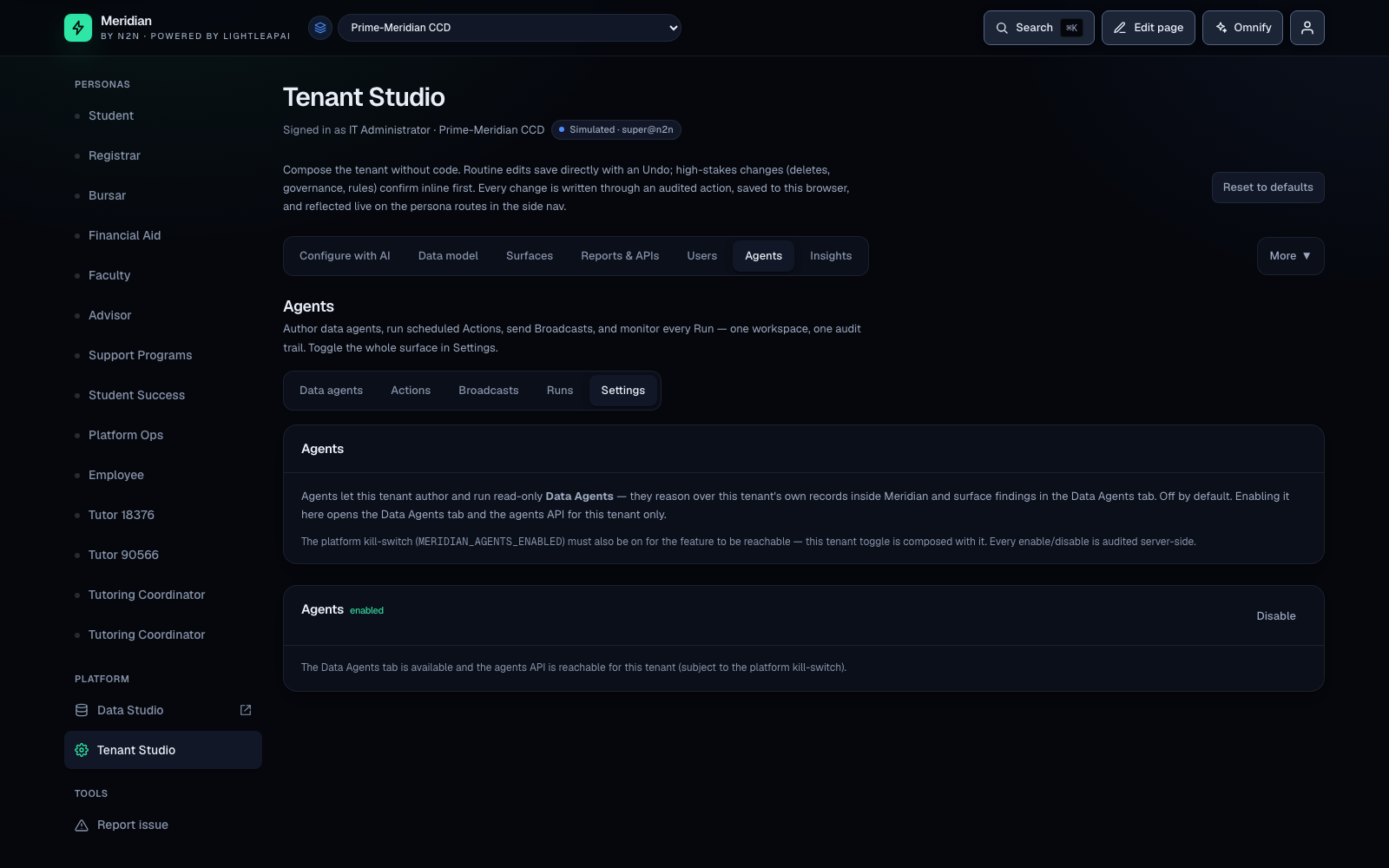 Meridian Integration Studio configuration view — tenant-authored, KMS-encrypted, audited connections to external systems.