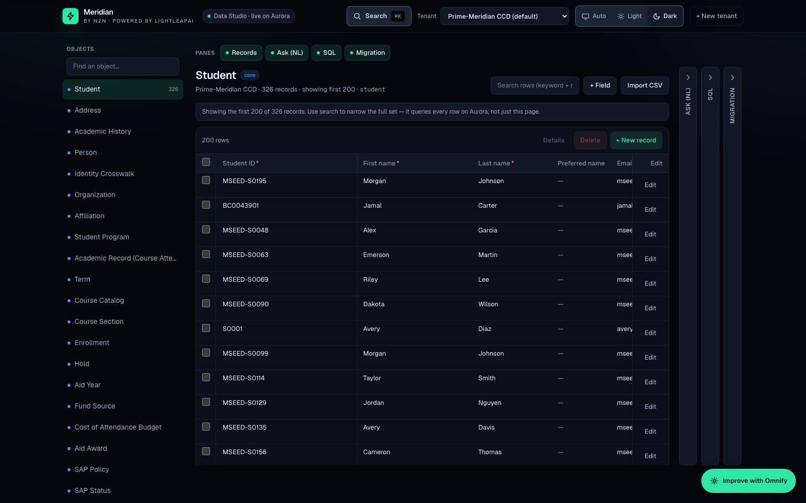 Meridian Data Studio — a natural-language 'Ask your data' pane beside a live records grid, running live on AWS Aurora.
