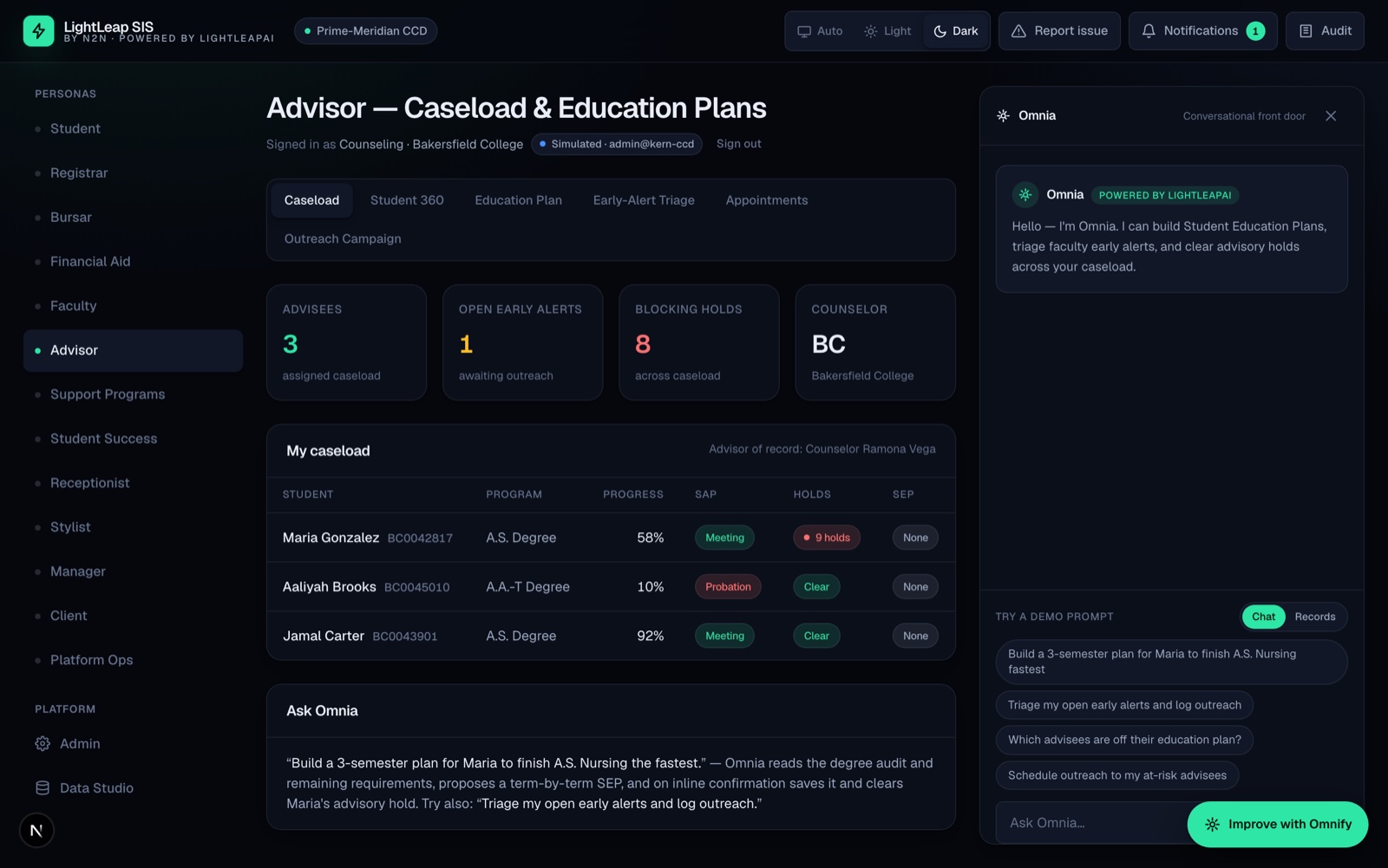 The Advisor persona overview — caseload, student 360, education plans, and early-alert triage inside Meridian.