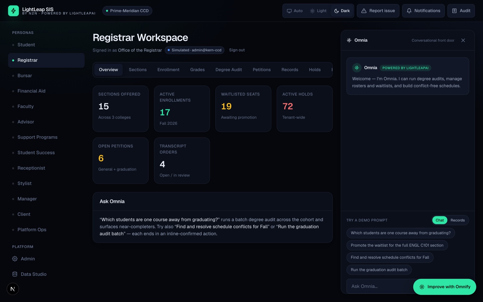 The Registrar persona overview — sections, degree audit, holds, and grade-roll surfaces inside Meridian.