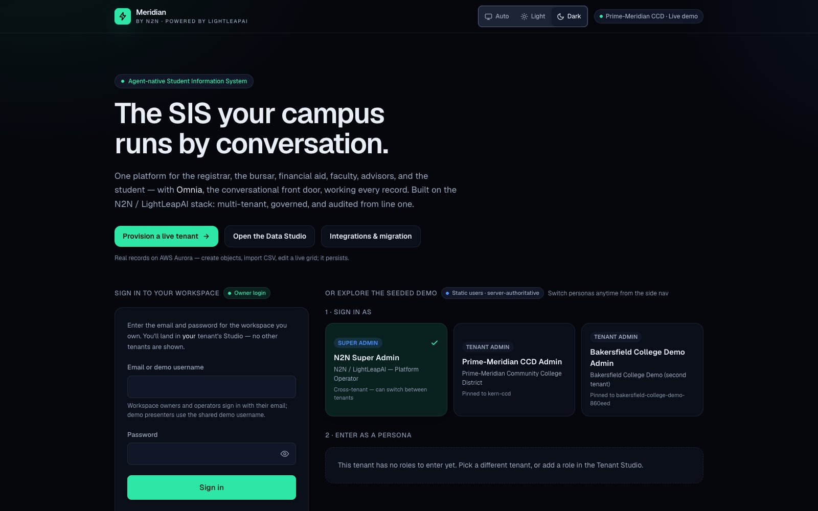 The Meridian platform landing — provision a live tenant, open the Data Studio, explore integrations and migration.