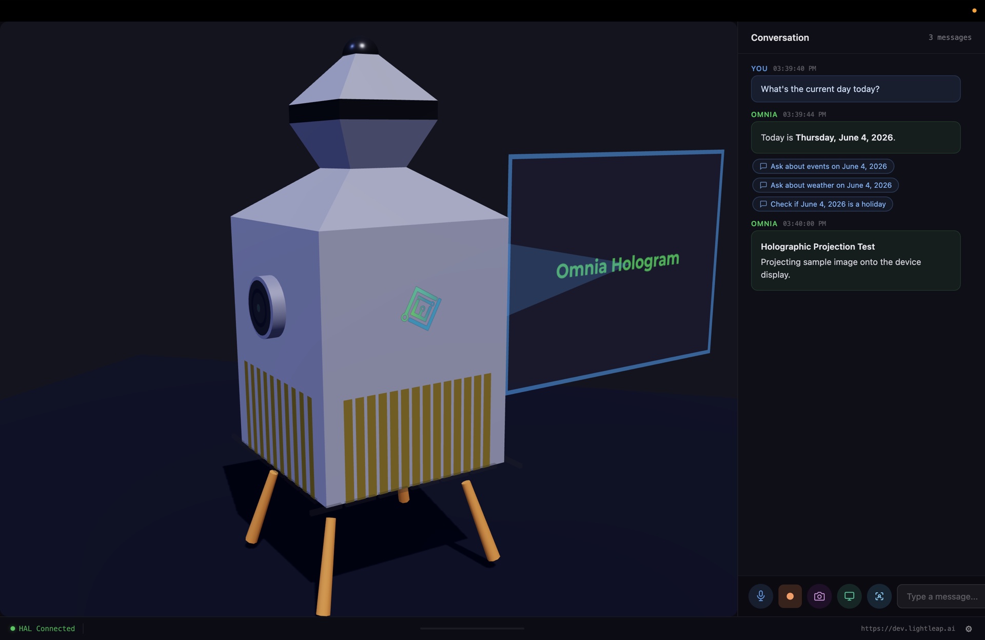Omnia device with a holographic projection labeled "Omnia Hologram" beside it, and a Conversation panel showing the question "What's the current day today?" answered with "Today is Thursday, June 4, 2026."