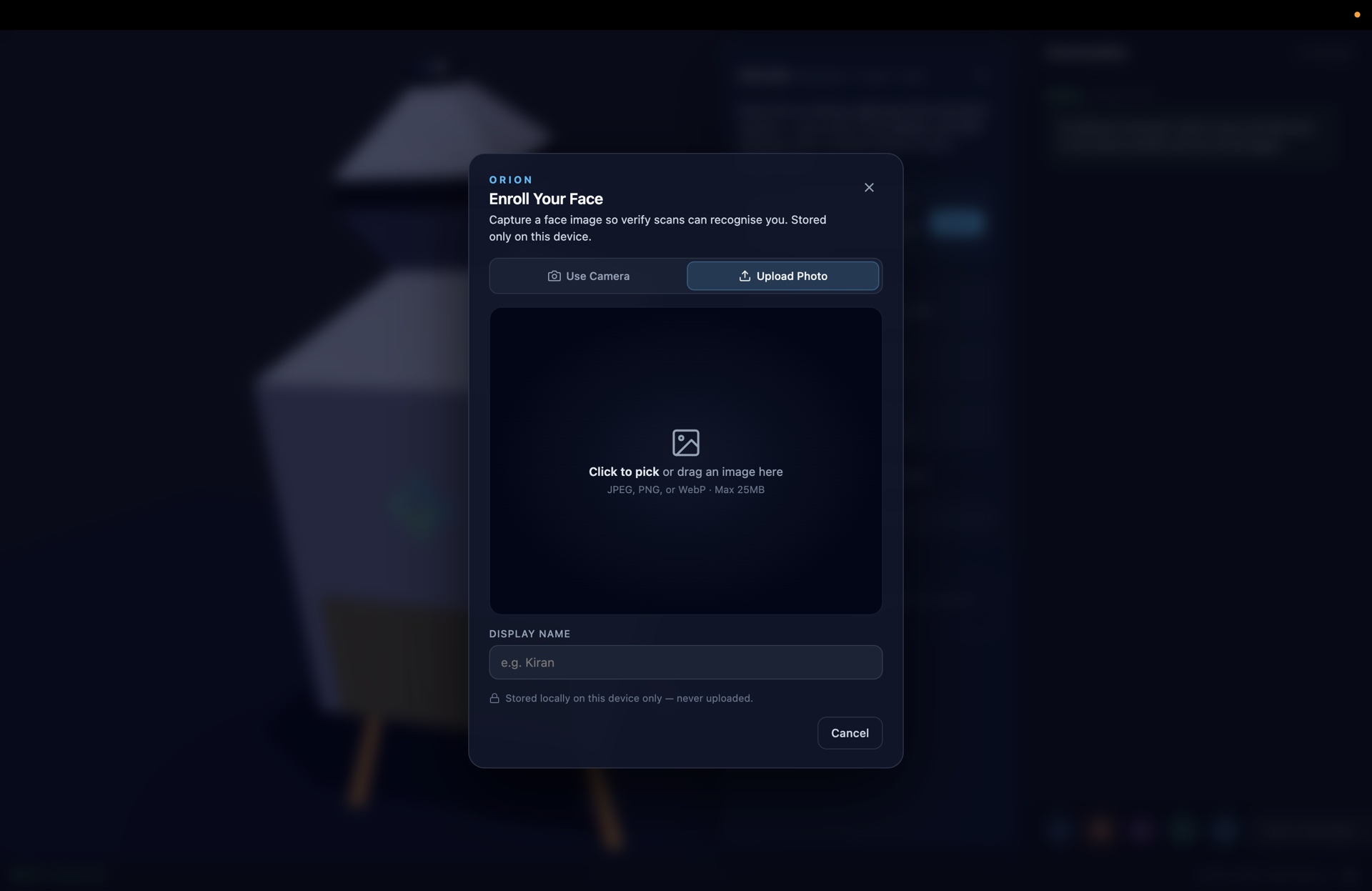 Omnia "Enroll Your Face" modal with Use Camera and Upload Photo tabs, a drop zone for an image, a Display Name field, and the security note "Stored locally on this device only — never uploaded."
