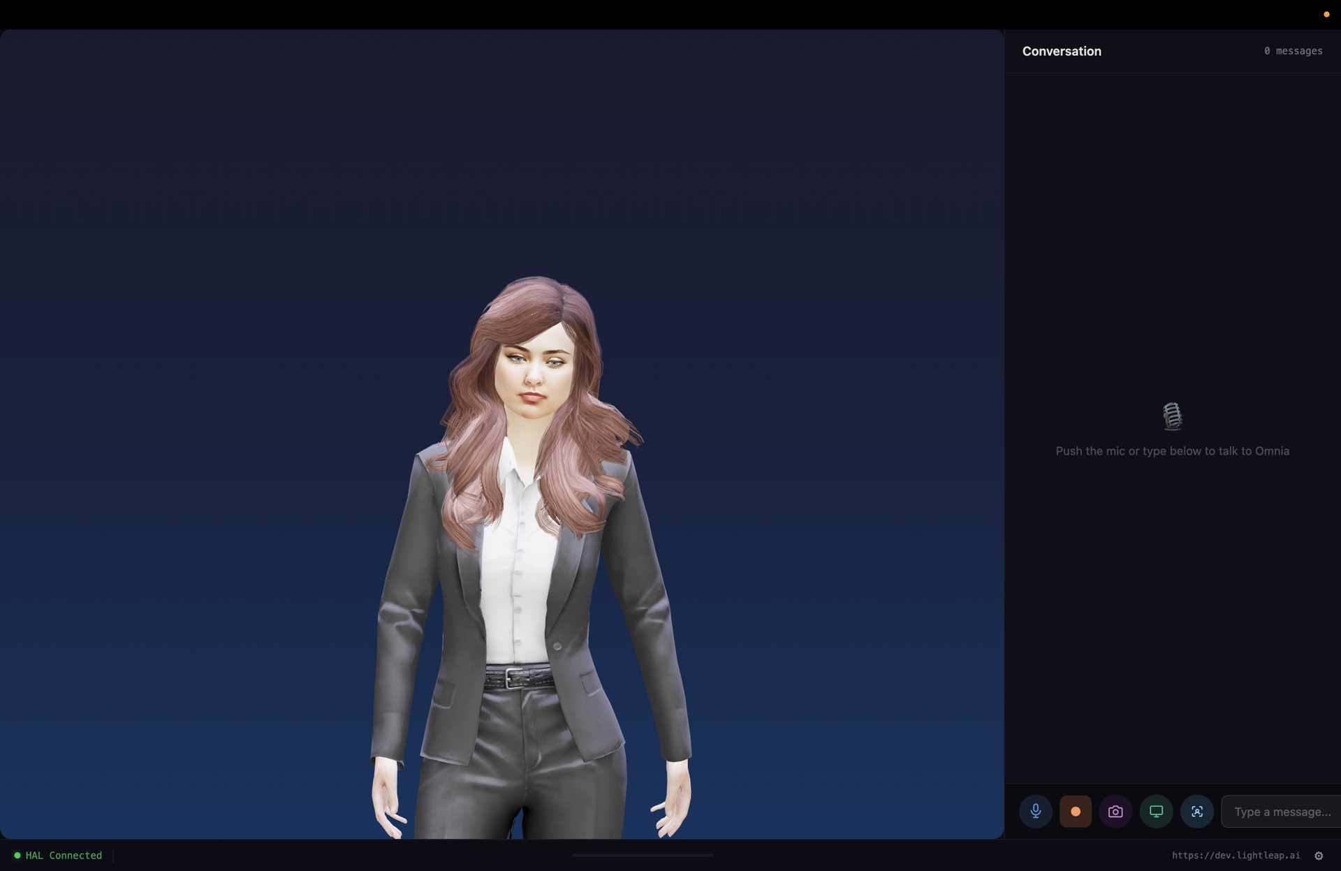A photorealistic 3D avatar of a professional woman in a charcoal blazer standing against a deep-navy gradient backdrop, with the Conversation panel idle on the right.