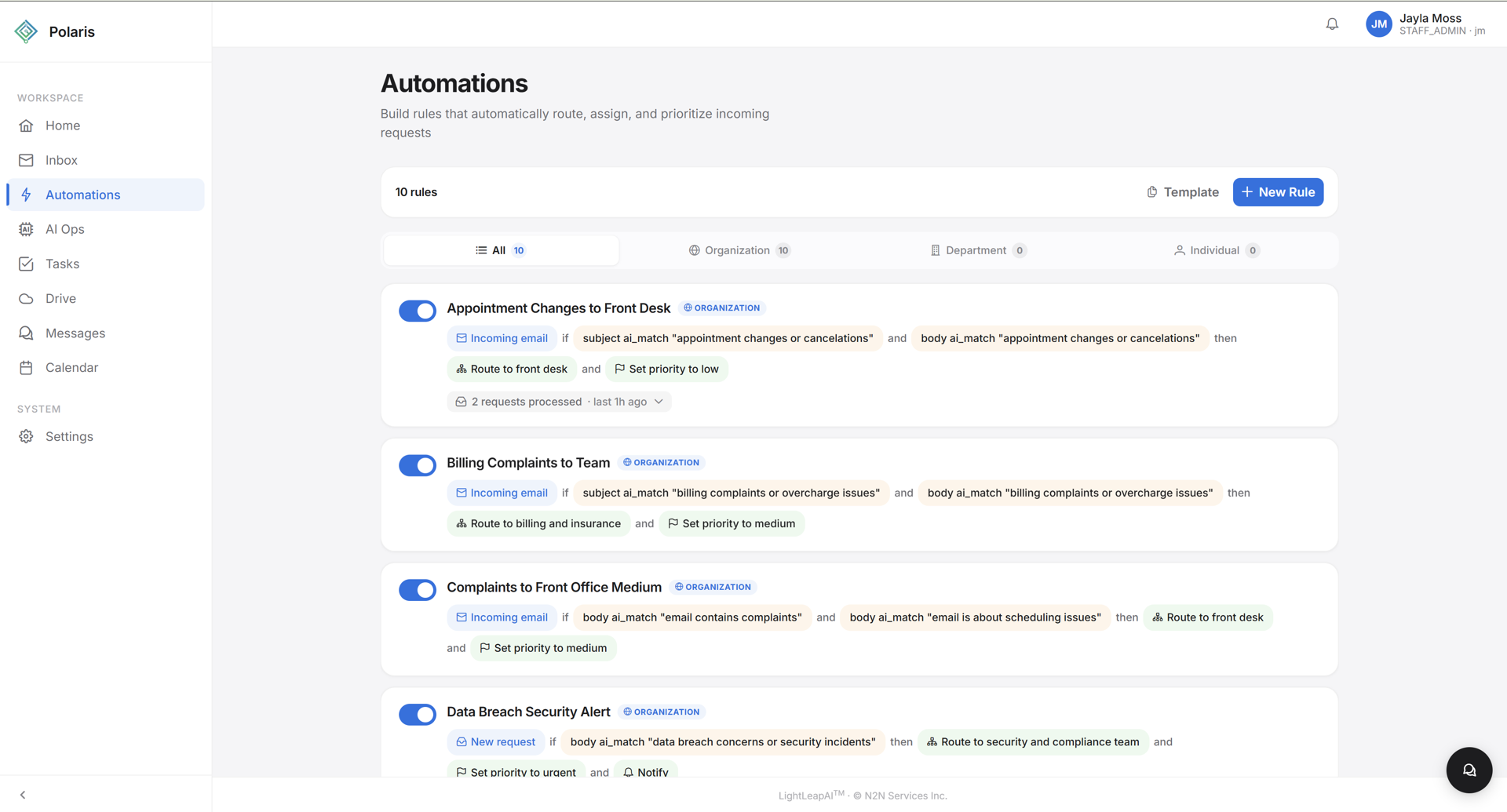 Polaris Automations screen listing rules for appointment changes, billing complaints, complaints, and data breach security alerts with toggle switches.