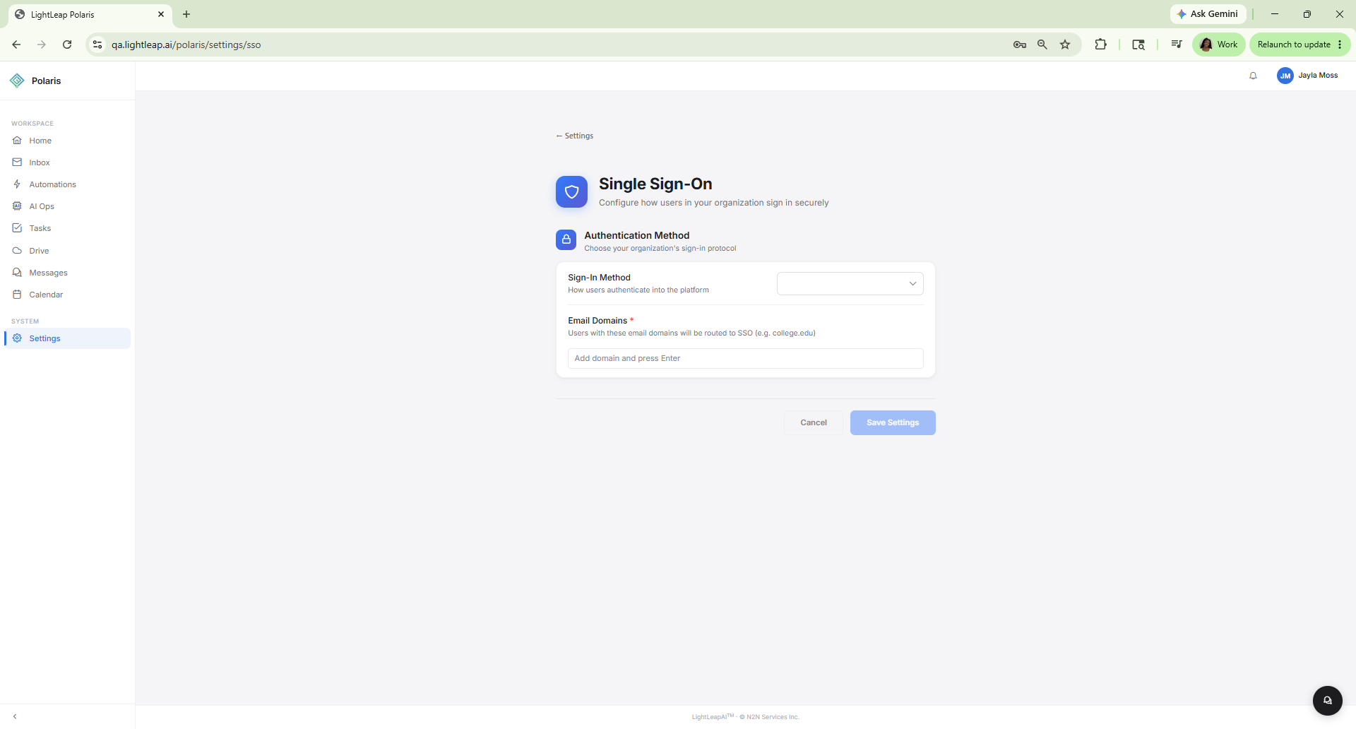 Polaris Single Sign-On configuration with authentication method dropdown and email domains field.
