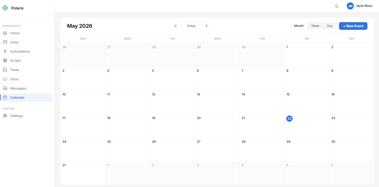 Polaris Calendar showing May 2026 in month view with the 22nd highlighted.