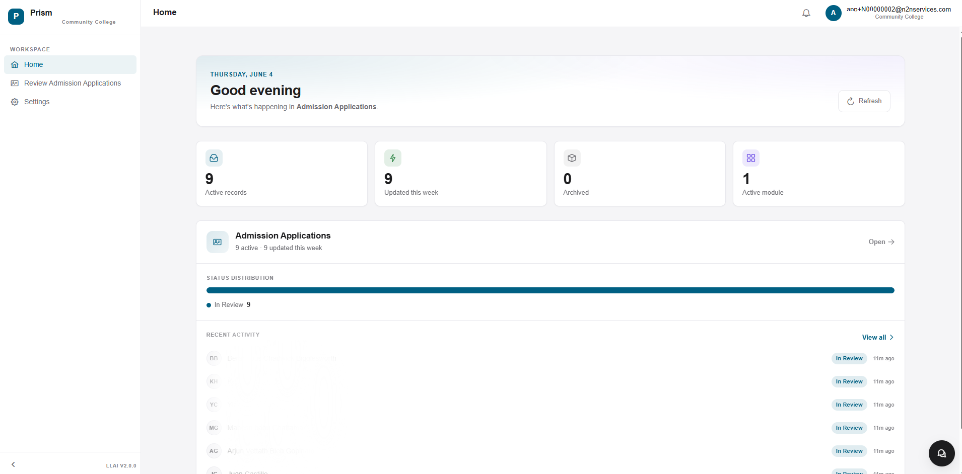 Prism home dashboard with KPIs for active records, updated this week, archived, and active module; below them the Admission Applications status distribution and a recent activity list.